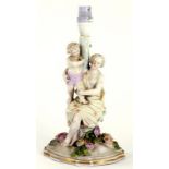 A GERMAN PORCELAIN FLORAL ENCRUSTED FIGURAL CENTREPIECE, ADAPTED AS A LAMP, 26CM H, EARLY 20TH