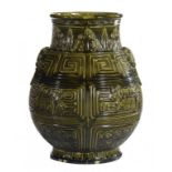 A LONGWY OLIVE GREEN MAJOLICA VASE, C1880  of archaic bronze form, 48cm h, faint impressed mark