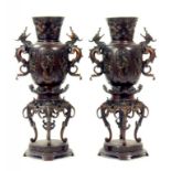 A PAIR OF JAPANESE BRONZE TWO HANDLED VASES, 43CM H, MEIJI PERIOD