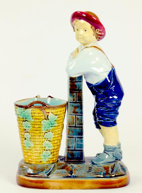 A PAIR OF VICTORIAN MAJOLICA BOY AND GIRL WITH BASKET SPILL VASES, CIRCA 1880 - Image 3 of 3