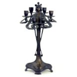 A BRONZE ART NOUVEAU STYLE FIGURAL SIX LIGHT CANDELABRUM, 45CM H, LATE 20TH CENTURY