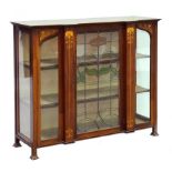 AN EDWARDIAN ART NOUVEAU INLAID MAHOGANY CABINET WITH LEADED GLASS CENTRE DOOR