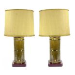 A PAIR OF CHINESE OLIVE GREEN GLAZED CERAMIC FAUX BAMBOO LAMPS ON MAHOGANY BASE WITH BRASS MOUNT,