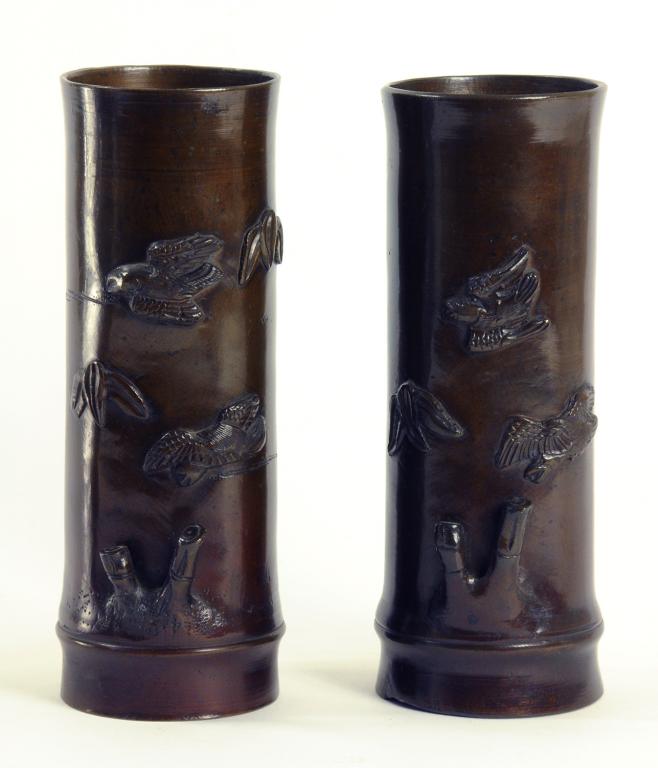 A PAIR OF JAPANESE BRONZE BAMBOO FORM VASES, 20CM H, MEIJI PERIOD