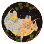 A PAIR OF 1920'S EMBROIDERED BLACK GROUND PICTURES OF A YOUNG LADY SERENADED BY PIERROT ON A