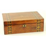 A VICTORIAN WALNUT WRITING BOX WITH FITTED INTERIOR AND DECORATED WITH TUNBRIDGE WORK BANDS, 35CM W