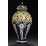 A SARREGUEMINES RENAISSANCE STYLE VASE AND COVER, C1880  40cm h, printed mark