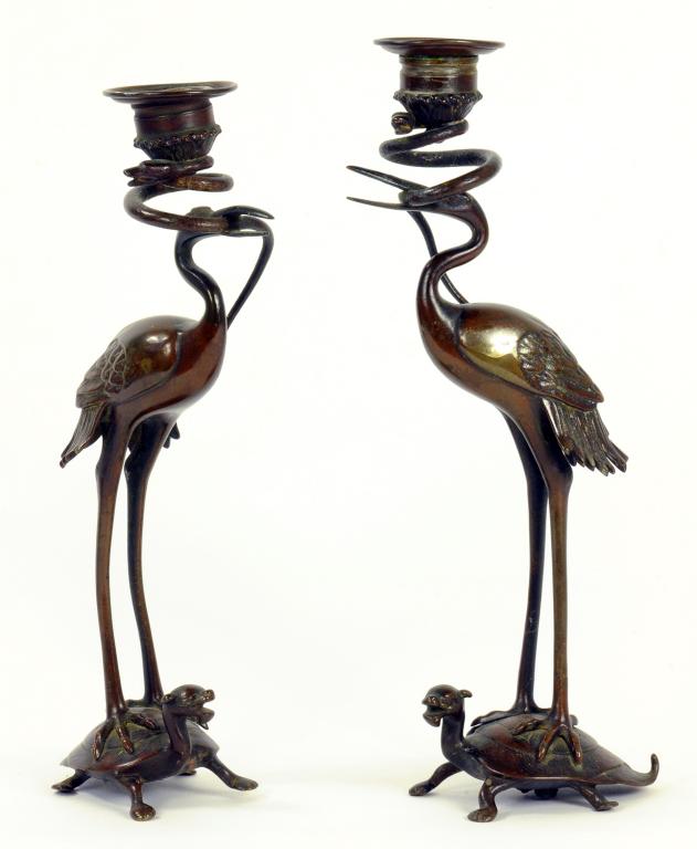 A PAIR OF JAPANESE BRONZE CANDLESTICKS IN THE FORM OF A STORK ON A  TURTLE, 28CM H, MEIJI PERIOD