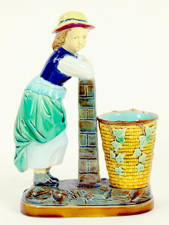 A PAIR OF VICTORIAN MAJOLICA BOY AND GIRL WITH BASKET SPILL VASES, CIRCA 1880 - Image 2 of 3