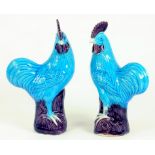 A PAIR OF CHINESE KINGFISHER BLUE AND AUBERGINE GLAZED PORCELAIN MODELS OF COCKERELS, 20TH CENTURY