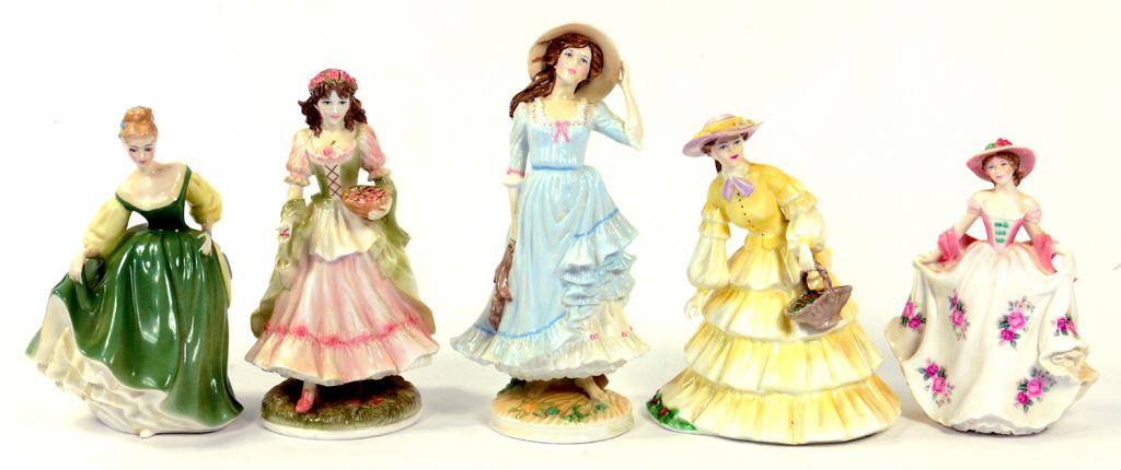 FIVE ROYAL WORCESTER, ROYAL DOULTON AND COALPORT FIGURES OF YOUNG LADIES