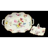 AN ENGLISH PORCELAIN TWO HANDLED MOULDED OBLONG BASKET PAINTED WITH FLOWERS IN GILT DENTIL RIM, 32CM