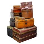 VARIOUS JAPANNED METAL TRUNKS, INCLUDING A VICTORIAN HAT CASE, MAHOGANY AND OTHER WOODEN BOXES AND