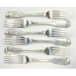 A SET OF SIX GEORGE IV SILVER TABLE FORKS, FIDDLE PATTERN, CRESTED, LONDON 1823, 15OZS 10DWTS
