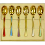 A SET OF SIX NORWEGIAN SILVER GILT AND HARLEQUIN GUILLOCHE ENAMEL COFFEE SPOONS BY T MARTHINSEN, 1OZ