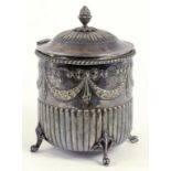 AN EPNS BISCUIT BARREL EMBOSSED WITH SWAGS, 17CM H, C1900 AND AN EPNS FLASK
