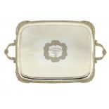 AN EPNS GADROONED OBLONG TEA TRAY, 72CM OVER HANDLES, BY WALKER & HALL, C1930
