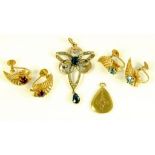 TWO PAIRS OF GEM SET GOLD LEAF SHAPED EARRINGS, MARKED 9CT, A GEM SET GOLD OPENWORK PENDANT AND A