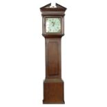 AN EARLY 19TH CENTURY OAK AND CROSSBANDED THIRTY HOUR LONGCASE CLOCK, THE PAINTED DIAL INSCRIBED