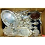 MISCELLANEOUS EPNS ARTICLES TO INCLUDE A WINE COASTER, TRAY, ENTREE DISH, CANDELABRUM AND FLATWARE