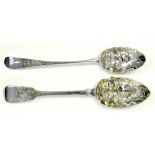 TWO GEORGE III SILVER DESSERT SPOONS, LATER CHASED AS BERRY SPOONS, BOTH LONDON 1792 AND 1819, 1OZ