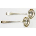 A PAIR OF IRISH GEORGE III SILVER SAUCE LADLES, OLD ENGLISH PATTERN, CRESTED, MAKER'S MARK