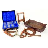 A 19TH CENTURY OAK CUTLERY TRAY, 37CM W, A NICKEL PLATED BRASS AND LEATHER DOG LEASH, BOXED SET OF