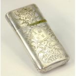 A 19TH CENTURY SILVER CIGAR CASE AND COVER, FINELY ENGRAVED WITH FOLIATE SCROLLS AND INITIALS AW