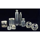 NINE VARIOUS SILVER MOUNTED OR CAPPED GLASS JARS AND BOTTLES, VARIOUS SIZES AND DATES, C1800