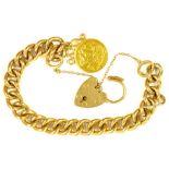 A 9CT GOLD BRACELET OF CURB LINKS WITH 9CT GOLD PADLOCK AND MOUNTED WITH A HALF SOVEREIGN 1914, 43.