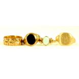 TWO 9CT GOLD SIGNET RINGS, ONE ONYX SET, A 9CT GOLD BRIGHT CUT RING AND AN OPAL RING IN 9CT GOLD,