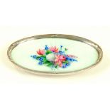 A SILVER AND GUILLOCHE ENAMEL OVAL PIN TRAY, THE CENTRE PAINTED WITH FLOWERS, 8CM W, APPARENTLY