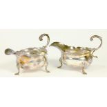 A PAIR OF GEORGE II SILVER SAUCE BOATS WITH FLYING SCROLL HANDLES, 15CM L, LONDON 1745, 11OZS