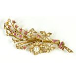 A RUBY AND CULTURED PEARL SPRAY BROOCH IN GOLD, 15.2G GROSS