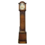 AN OAK DWARF LONGCASE CLOCK WITH BRASS DIAL AND THREE TRAIN MOVEMENT CHIMING ON ROD GONGS