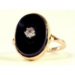 A DIAMOND AND BLACK ONYX RING, ASSOCIATED GOLD HOOP INDISTINCTLY MARKED, SIZE L, 3.7G GROSS