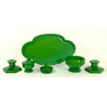 A 1930'S JADE GREEN GLASS DRESSING TABLE SET, TRAY 34CM W