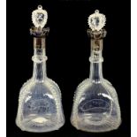 A PAIR OF VICTORIAN SILVER MOUNTED GLASS DECANTERS AND STOPPERS, 18CM H, BIRMINGHAM 1889