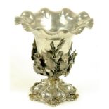 AN OTTOMAN SILVER VASE, APPLIED WITH FLOWERS ON WIREWORK STEM AND LOBED AND PIERCED FOOT, 14CM H,