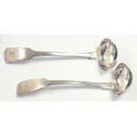 A PAIR OF SCOTTISH GEORGE IV SILVER TODDY LADLES, FIDDLE PATTERN, CRESTED, MAKER RV AND J&WM,