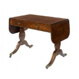 A ROSEWOOD AND BRASS LINE INLAID SOFA TABLE, 20 C with brass moulding, knob and paw castors, 72cm h;