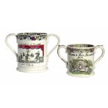 TWO VICTORIAN EARTHENWARE LOVING CUPS, C1870 AND DATED 1873 the interior with a frog, coloured black