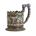 A RUSSIAN SILVER GILT AND CLOISONNÉ ENAMEL TEA GLASS HOLDER 10cm h, Cyrillic maker's mark,