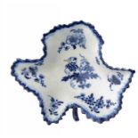 A BOW BLUE AND WHITE PICKLE LEAF DISH, C1765-70 painted with the Pickle Leaf Vine pattern, 8cm l ++