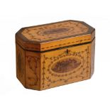 A GEORGE III SATINWOOD AND INLAID CUT CORNERED TEA CADDY, C1790-1800 the divided interior