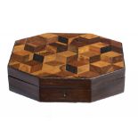 A VICTORIAN SPECIMEN WOOD BOX, C1840 octagonal of rosewood with cube parquetry lid, brass lock, 27cm