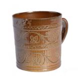 A NOTTINGHAM SALTGLAZED BROWN STONEWARE MUG, MORLEY'S BECK BARNS POTTERY, DATED 1725 incised with