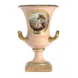 A DERBY SALMON GROUND VASE, C1820 of campana shape, painted with a round panel of two men and a