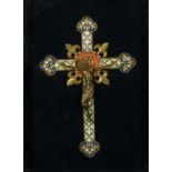 A GILT BRASS AND GILT AND POLYCHROME WOOD CRUCIFIX, LATE 19TH C in glazed rosewood box frame, 53 x