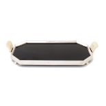 AN ART DECO IVORY HANDLED SILVER AND BLACK GLASS TRAY on four feet, 41.5cm over handles, by Josiah